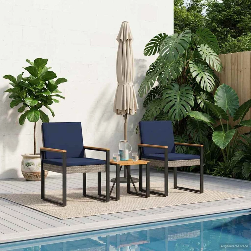 vidaXL Σετ Εξωτερικών Επίπλων 3 pcs Γκρι και Navy Blue συνθετικό ρατάν