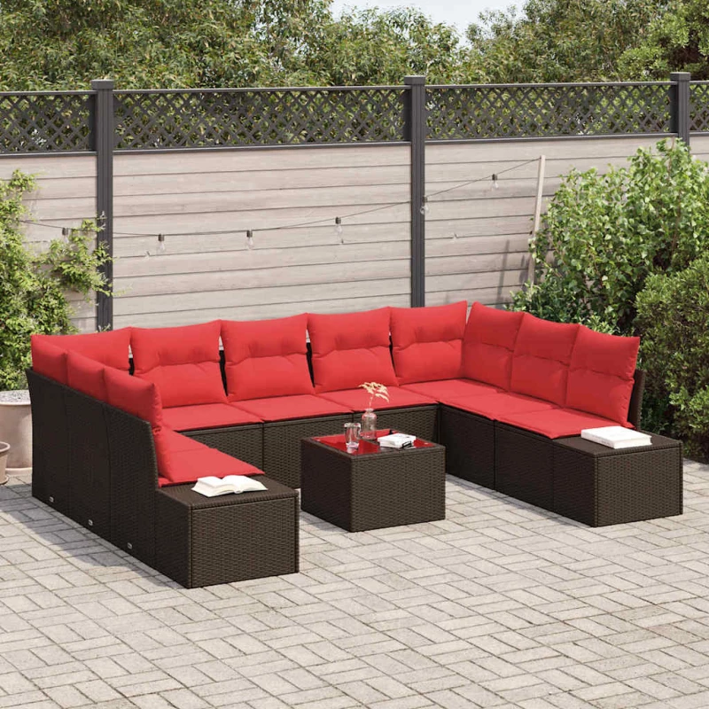 vidaXL Σετ Καναπέ Κήπου με μαξιλάρι 10 pcs Καφέ συνθετικό ρατάν