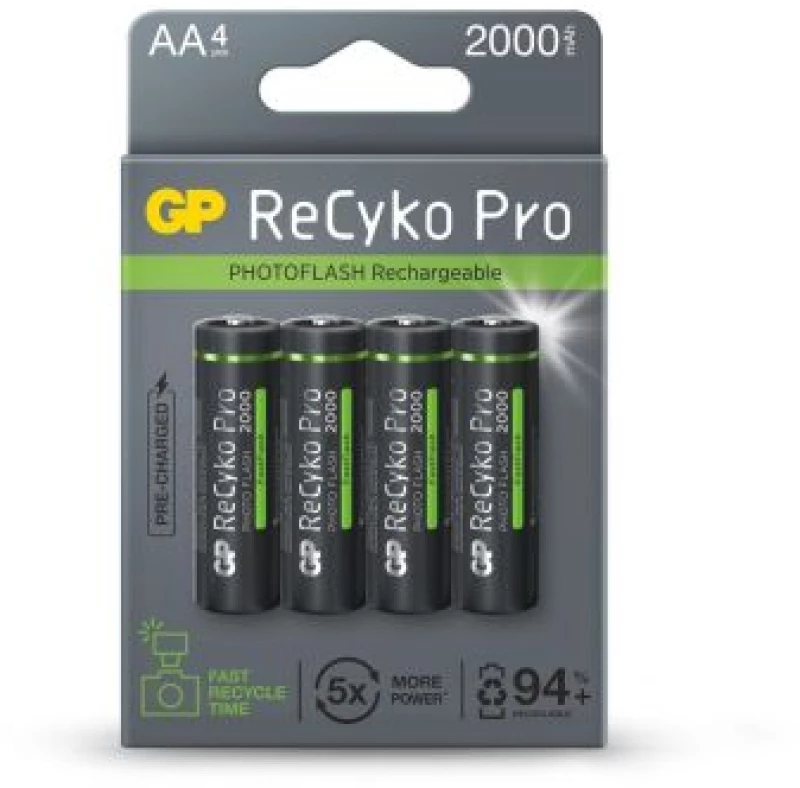 GP Battery (AA) Επαναφορτιζόμενη RECYKO Pro Fast Flash, NIMH R03, (4 μπαταρίες / blister), 2000mAh