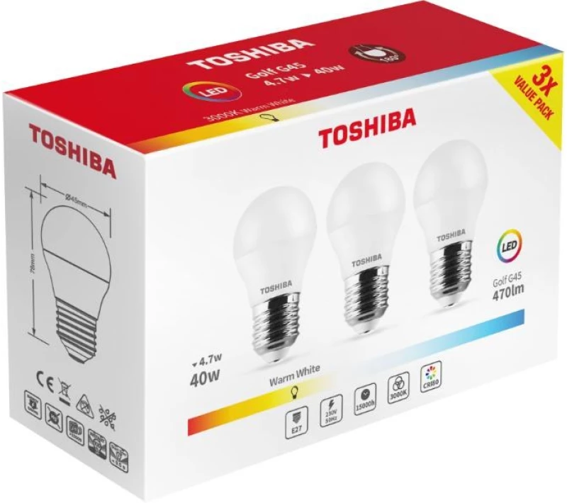 TOSHIBA LED 3PACK G45 E27 4.7W 3000K