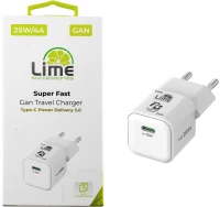 LIME TYPE C MINI GAN PD 3.0 SUPER FAST TRAVEL LGC25W 25W 5V 4.0A/ 9V 2.77A/ 12V 2.08A WHITE