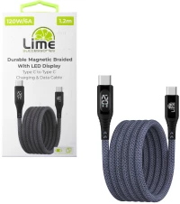 LIME USB-C TYPE C TO USB-C TYPE C 6A ΦΟΡΤΙΣΗΣ-DATA DURABLE MAGNETIC BRAIDED WITH LED DISPLAY 1.2m LBMLCC01 120W GREY