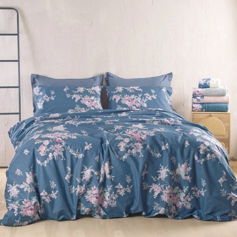 Σεντόνια Springtime (Σετ 3τμχ) Dark Blue Rythmos Ημίδιπλο 160x260cm 100% Βαμβάκι