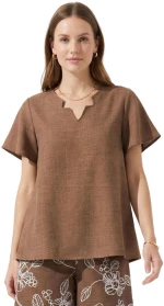 ANNA RAXEVSKY Γυναικεία καφέ κοντομάνικη μπλούζα, Linen look B26157 BROWN