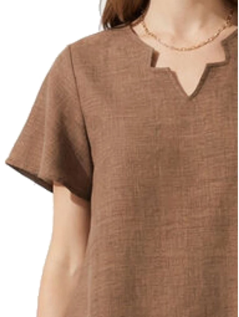ANNA RAXEVSKY Γυναικεία καφέ κοντομάνικη μπλούζα, Linen look B26157 BROWN