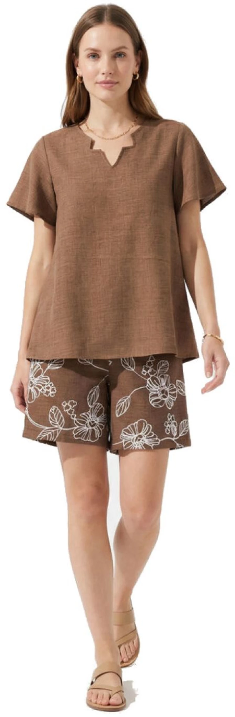 ANNA RAXEVSKY Γυναικεία καφέ κοντομάνικη μπλούζα, Linen look B26157 BROWN
