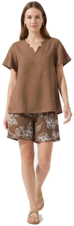 ANNA RAXEVSKY Γυναικεία καφέ κοντομάνικη μπλούζα, Linen look B26157 BROWN