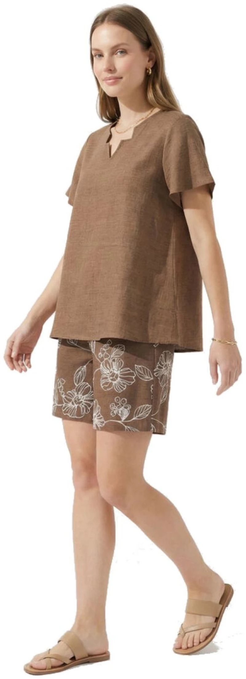 ANNA RAXEVSKY Γυναικεία καφέ κοντομάνικη μπλούζα, Linen look B26157 BROWN