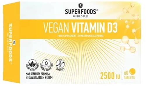 Superfoods Vitamin D3 Vegan 2500IU Συμπλήρωμα για το Ανοσοποιητικό, Οστά & Μύες 60 Ταμπλέτες
