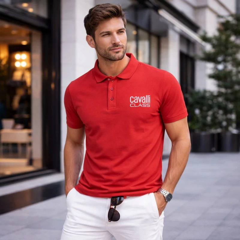 Cavalli Class Ανδρική μπλούζα Polo κοντομάνικη, 100% Βαμβάκι, Red