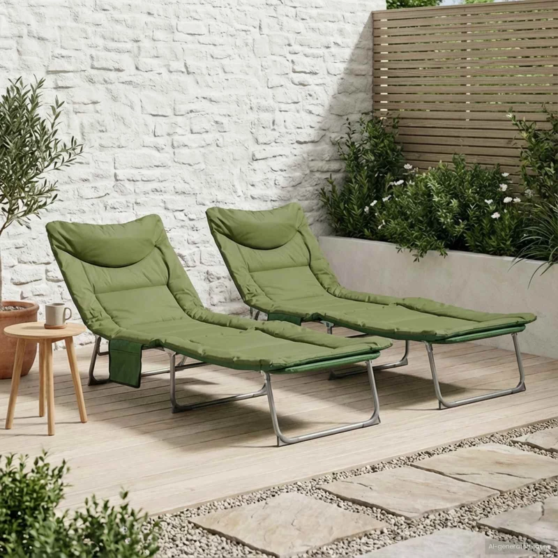 vidaXL Πτυσσόμενη ξαπλώστρα με μαξιλάρι 2 pcs Σκούρο Πράσινο