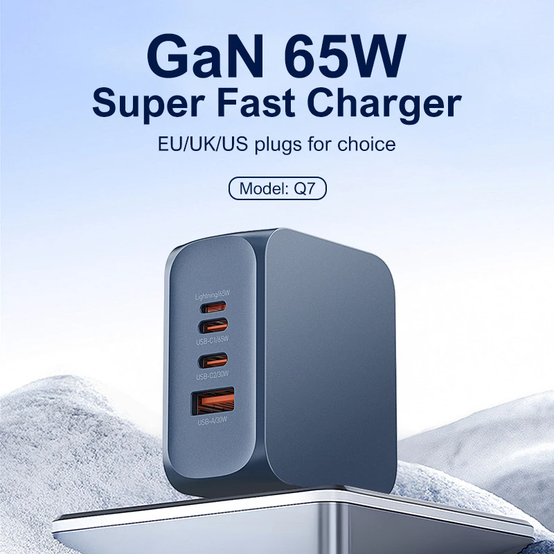 LDNIO φορτιστής τοίχου Q7 με καλώδιο USB-C  USB/Lightning/2x USB-C  GaN  65W  μπλε