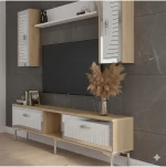 Stewehome Σετ μοντέρνας σύνθεσης τηλεόρασης με ράφι από σανίδα λευκό και ασημί 150x30x41 cm