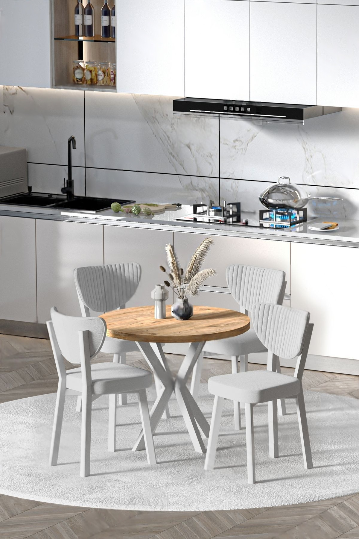 Stewehome Σετ Τραπεζαρίας Στρογγυλό με 4 Καρέκλες Δρυς /Λευκό 90x90x75 cm