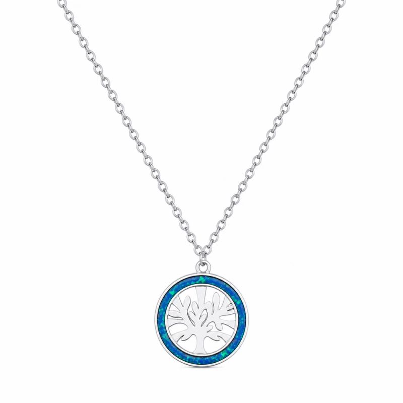 Γυναικείο Κολιέ Δέντρο Ζωής Στυλ Blue Opal σε Ασημί Χρώμα