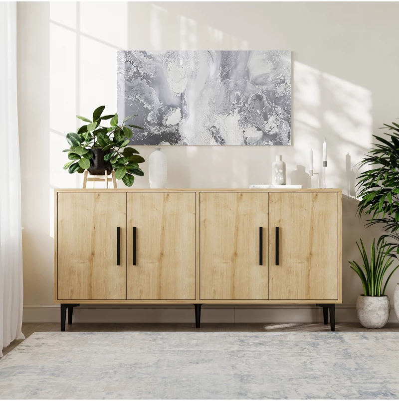Stewehome Μοντέρνα κονσόλα 150 cm με ντουλάπι και ράφια από συνθετικό ξύλο 150x36x75 cm