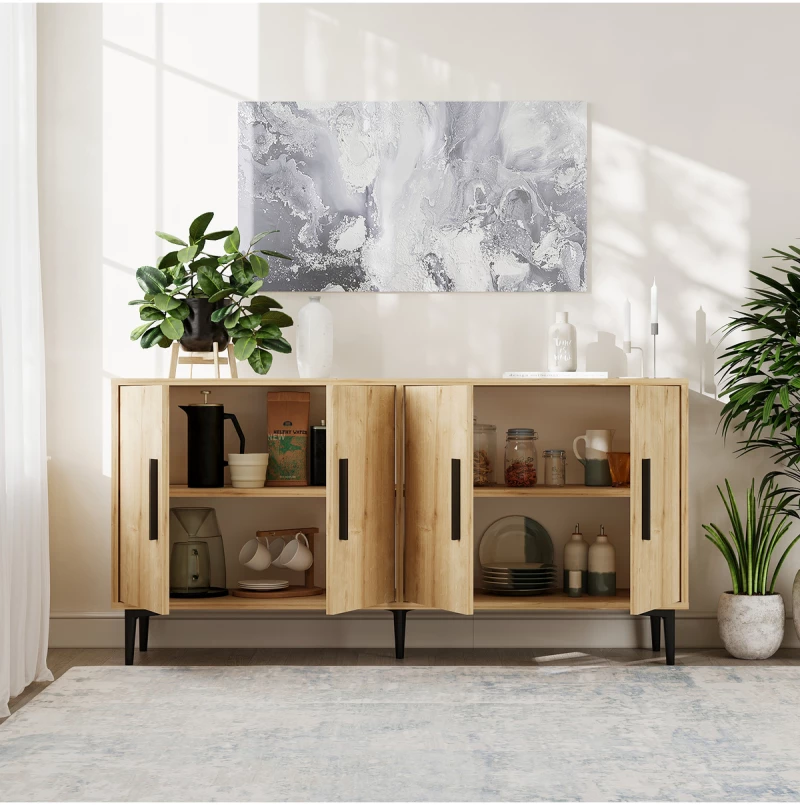 Stewehome Μοντέρνα κονσόλα 150 cm με ντουλάπι και ράφια από συνθετικό ξύλο 150x36x75 cm