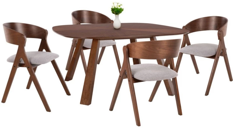 Τραπεζαρία Nekker (Σετ 5Τμχ) HM21340.01 150x150x75cm Walnut-Light Grey 4 Θέσεων Mdf, Ύφασμα