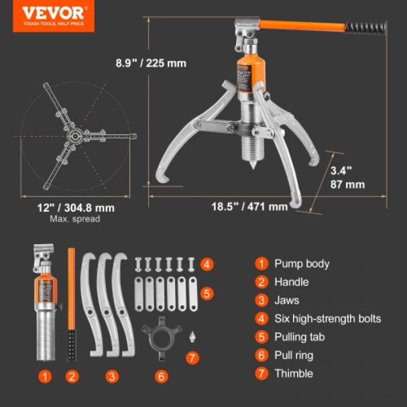 VEVOR Hydraulic Gear Puller, 15 Ton Max Capacity Wheel Bearing Pulling Separator, 2 or 3 Jaws Puller, Κάθετα και Οριζόντια, 30,5cm Υδραυλικό εξολκέα σιαγόνων με θήκη για έλξη πλήμνων