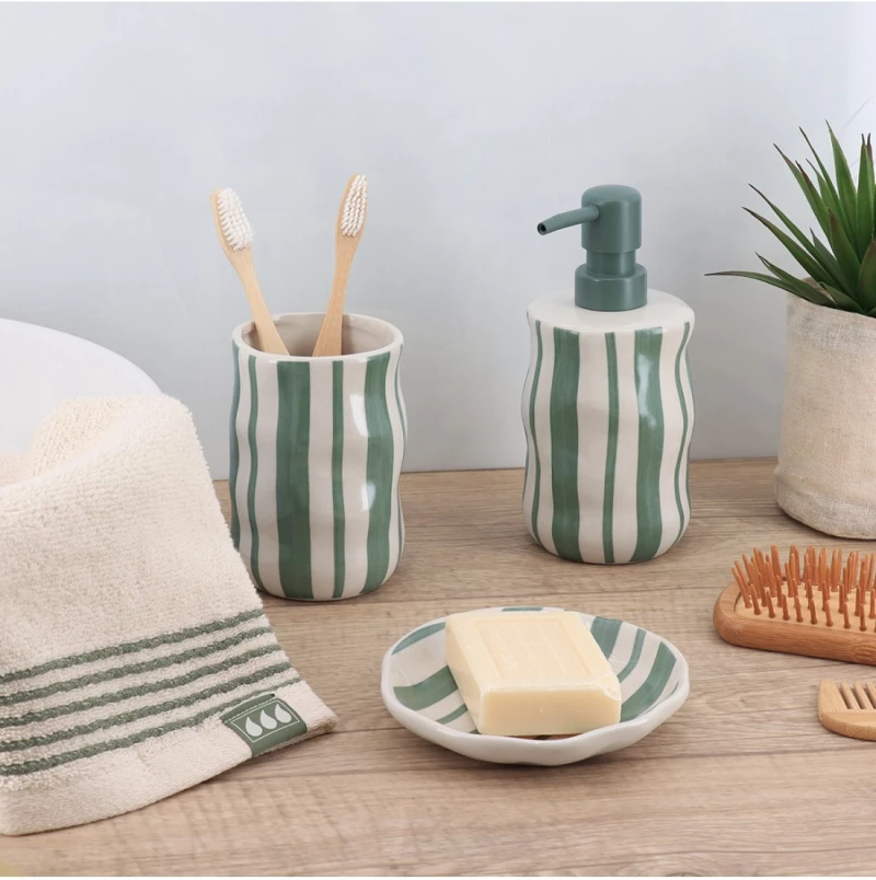 Dispenser stoneware "GREEN STRIPES" 350ml/8,1x18,5cm