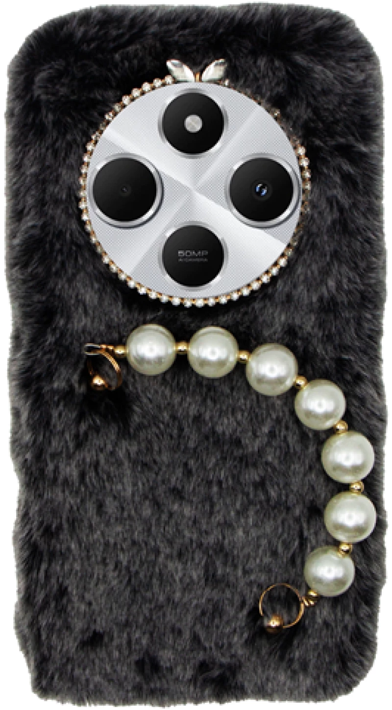 Vivid Fluffy Plush Case with Pearl Chain Redmi 14C 4G Grey/Black