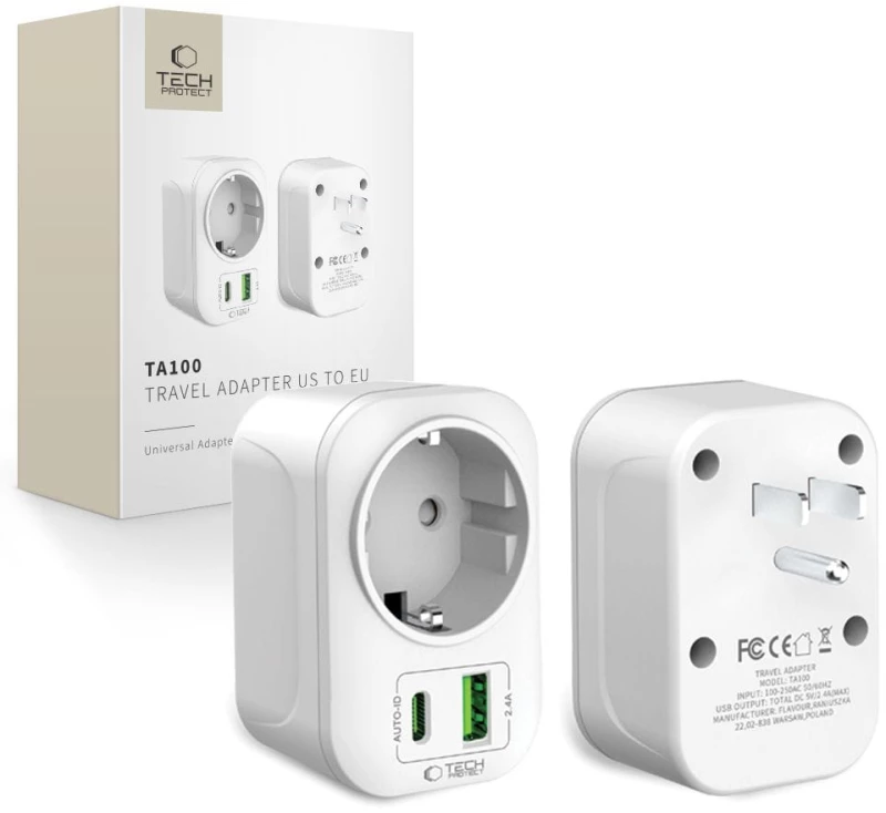 Αντάπτορας Ταξιδιού Tech-Protect TA100 EU σε US με USB-A / USB-C White