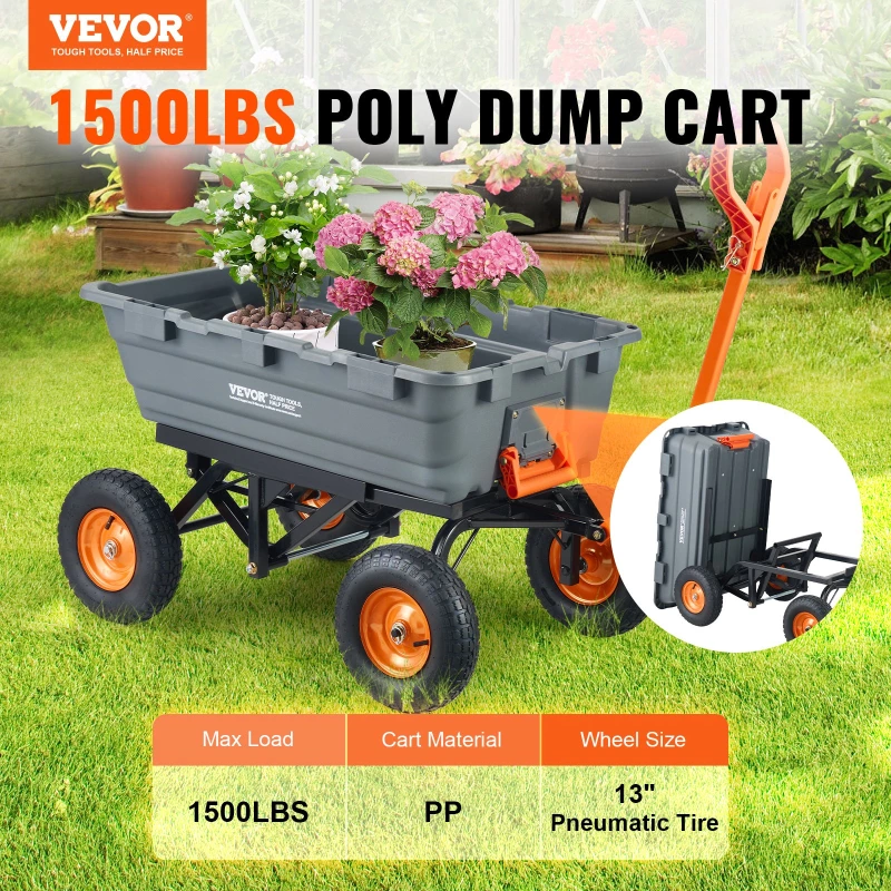 VEVOR Poly Garden Dump Cart Heavy-ty Yard Carts and Wagons 1500 lbs/680,4 kg 13"/33 cm Ελαστικά