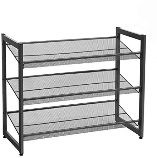 SONGMICS 3-Tier Shoe Rack Storage, Steel Mesh, Flat or Angled Stackable Shoe Shelf Stand for 9 to 12 Pairs of Shoes, Black LMR03B