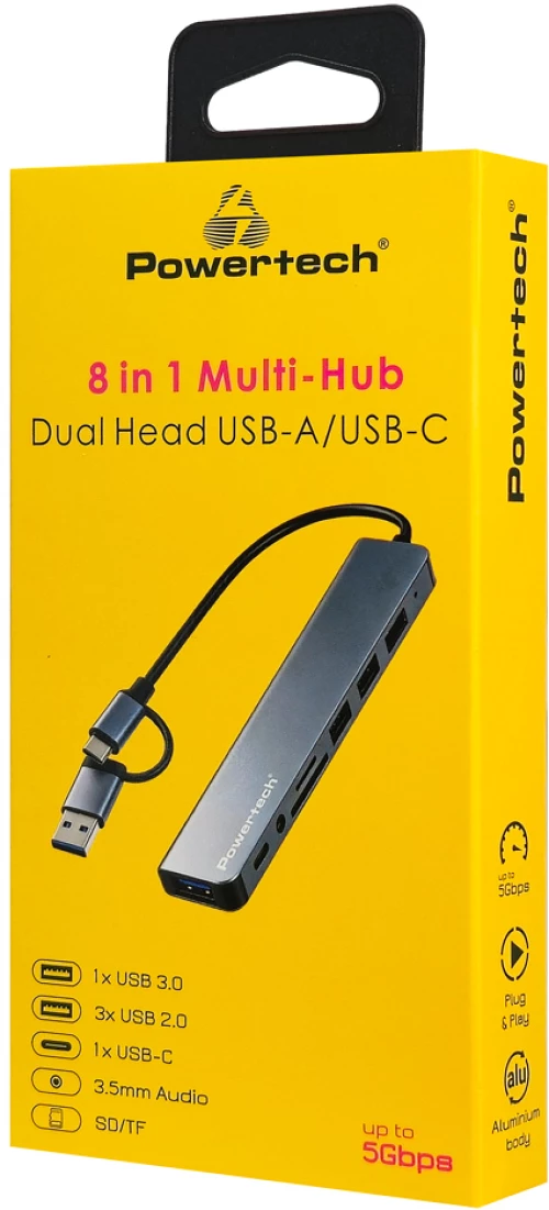 POWERTECH USB hub PTR-0205 με card reader, 8 θυρών, USB & USB-C σύνδεση, γκρι